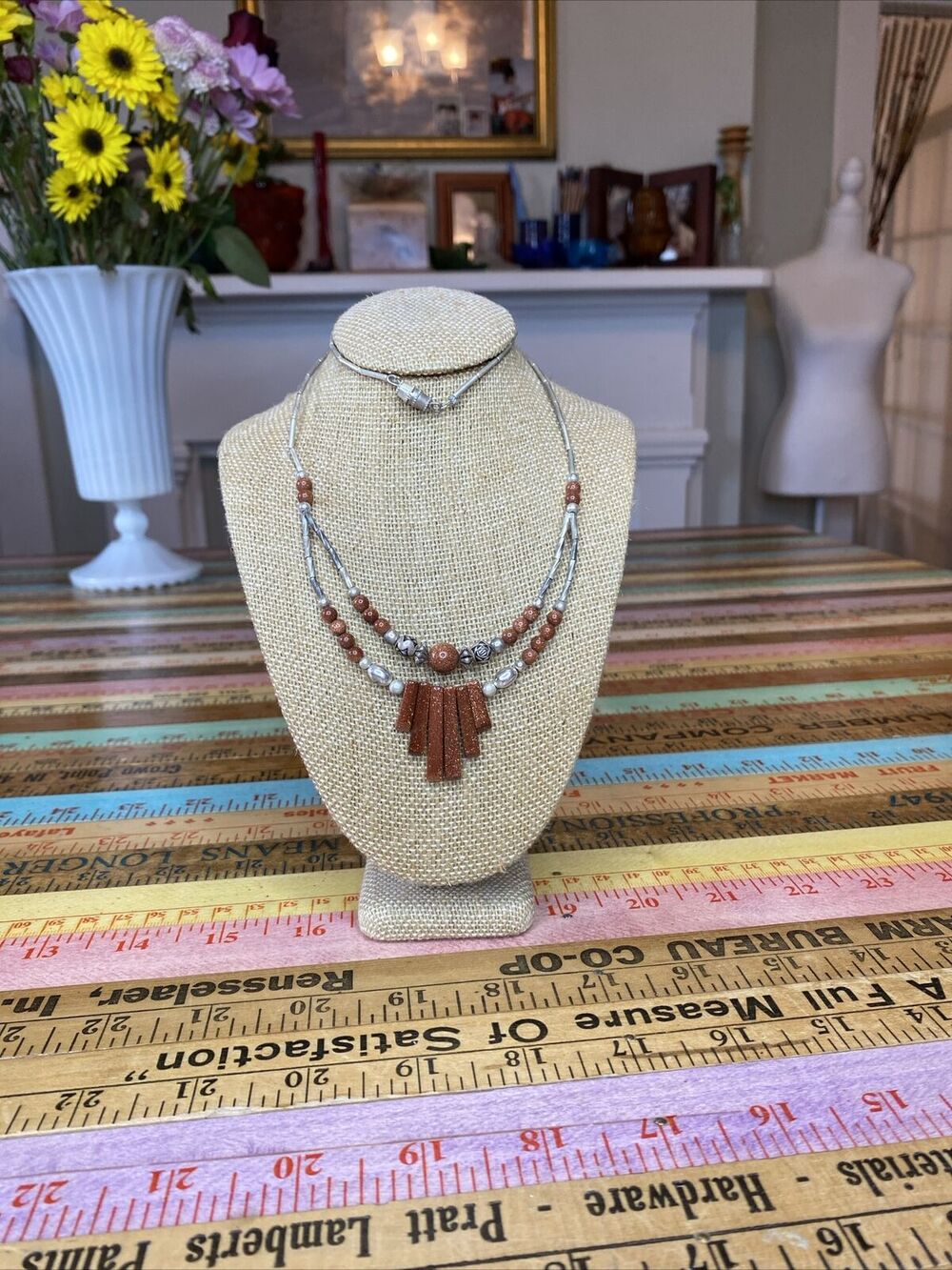 Vintage Double Strand‎ Silver Tone Rose Flower 20” Beaded Necklace Goldstone